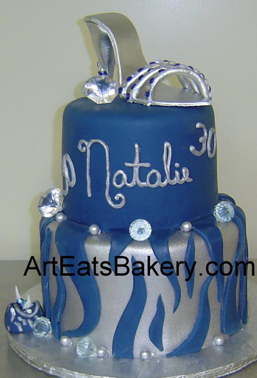 Two tier silver and blue animal print fondant unique 30th birthday cake